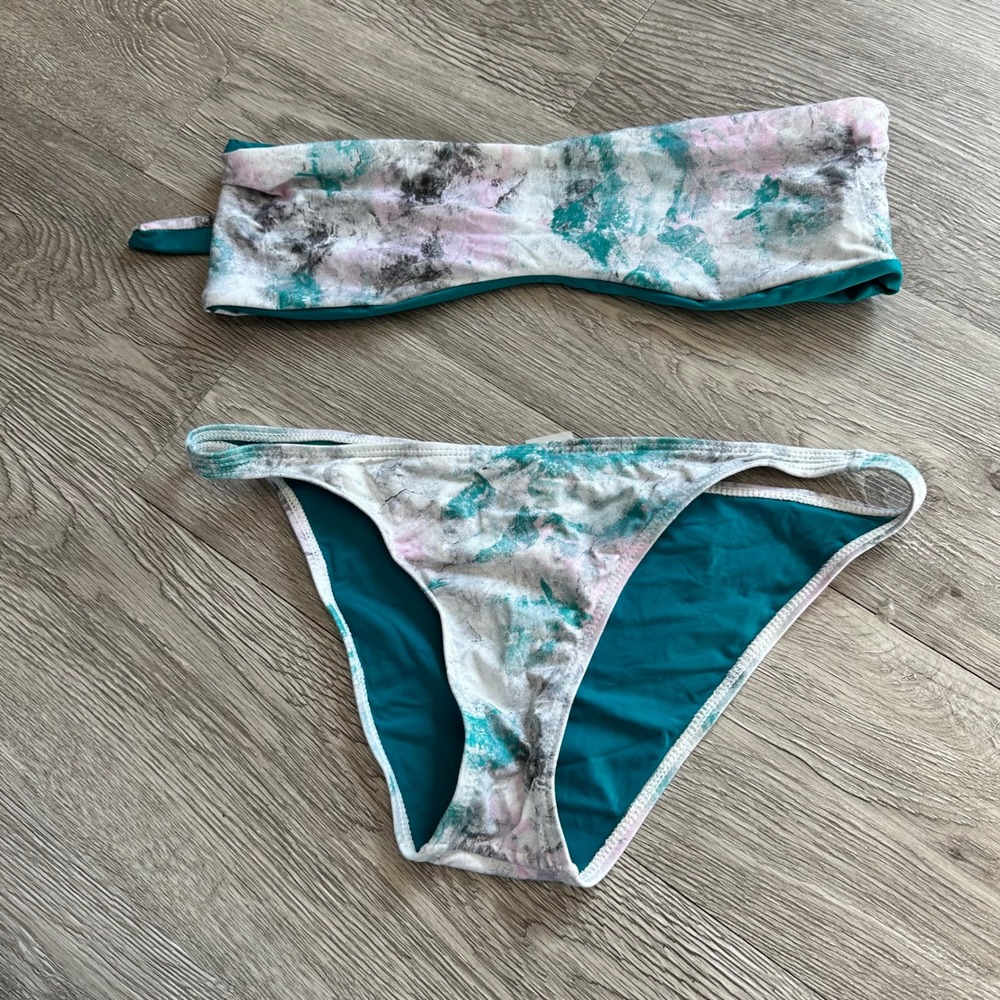 Onia Tie Front Bandeau Bikini Swimsuit Top‎ Bottoms S/P Teal Marble Print